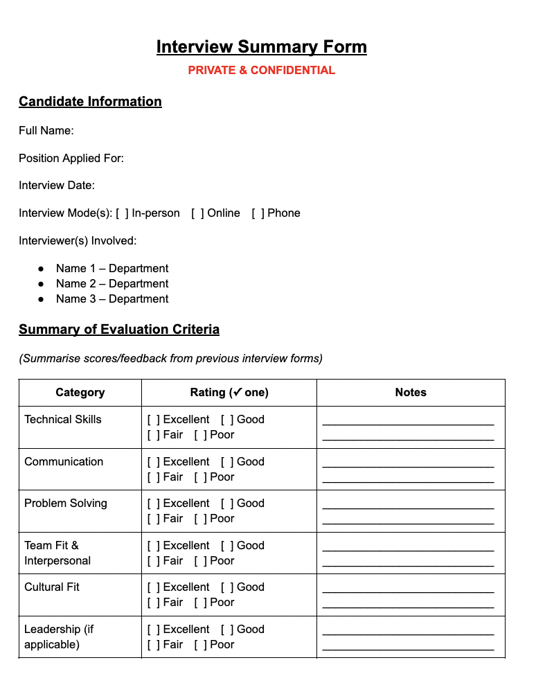 Final Interview Summary Form